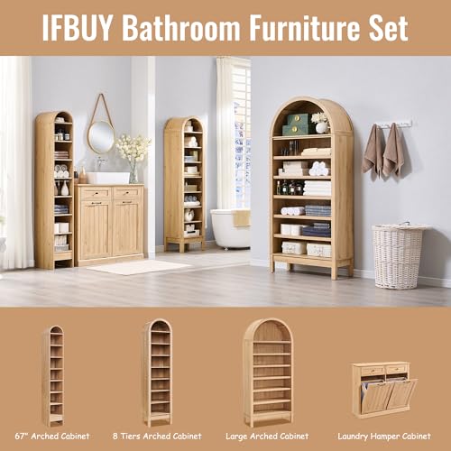 Image of IFBUY 67 inch Tall Arched Bathroom Storage Cabinet, 8-Tier Modern Farmhouse Storage Cabinet with Adjustable Shelves, Wood Freestanding Cabinet for Bathroom, Living Room, Entryway, Hallway (Natural)