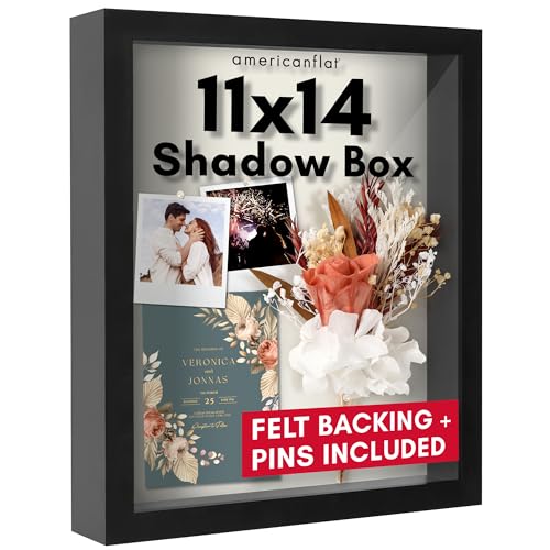 Americanflat 11x14 Shadow Box Frame with Shatter-Resistant Glass - Silhouette Collection - Large Shadow Box Display Case for Tabletop and Wall Display - Black with Soft Felt Back