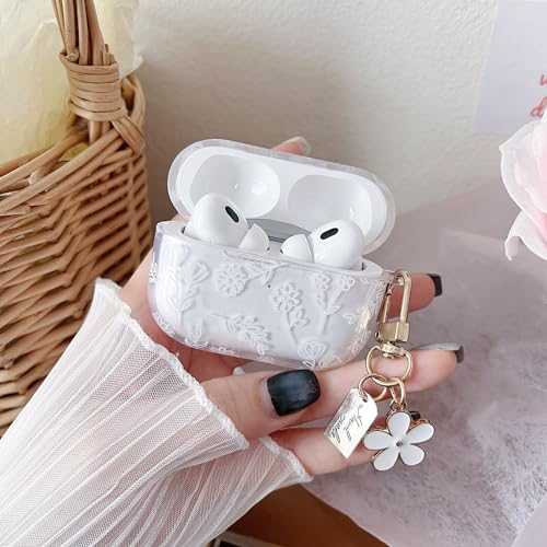 Image of MINSCOSE for with AirPods Pro 2 Clear Case,Cute Flower Floral Aesthetic Design with Flowers Keychain, Soft TPU Protective Shockproof Case for Women Girl for Airpod Pro 2-White