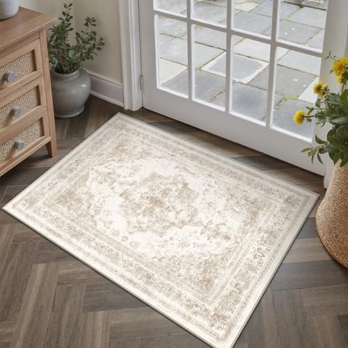 Area Rug 2x3 Cream Washable Entryway Vintage Medallion Beige Carpet Non Slip Low Pile Soft Doormat Distressed Retro Indoor Small Rug for Kitchen Bedroom Laundry Bathroom