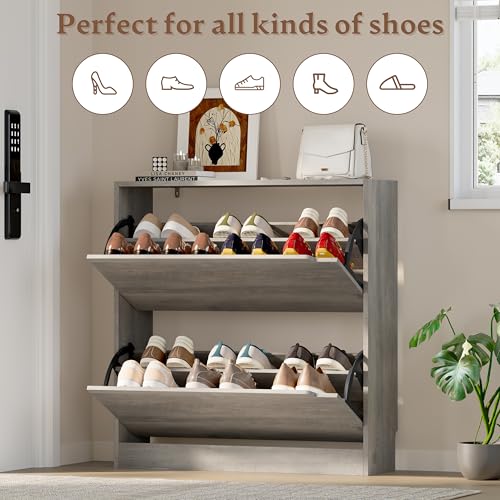 Image of BORNOON Shoe Cabinet with 2 Flip Drawers, Slim Narrow Shoe Storage Cabinet, Freestanding Shoe Organizer with Adjustable & Removable Shelves, Top Display Shelf for Entryway, Hallway, Foyer, Closet