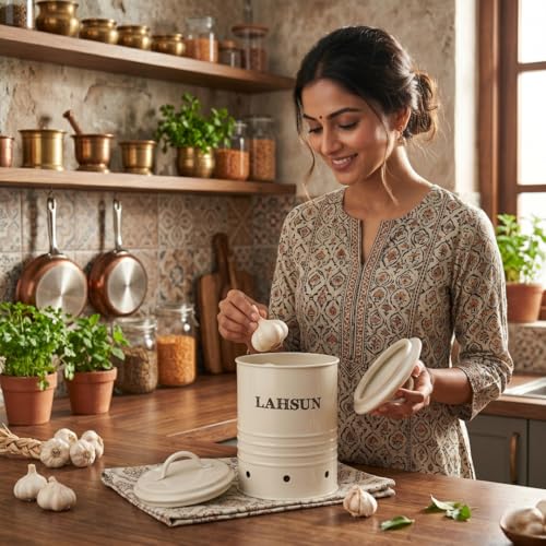 Image of MARKET 99 White Metal Garlic Jar 1000ml | Kitchen Storage Container for Lahsun, Spices and Dry Food | Durable Food Canister for Pantry Organization and Everyday Kitchen Use