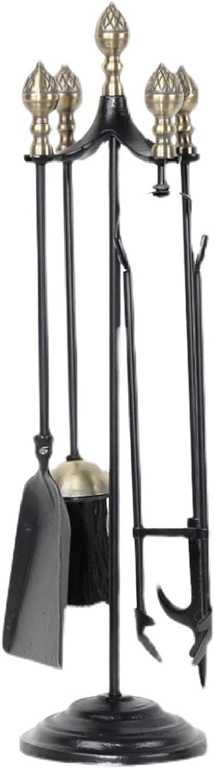 Fireplace Tool Heavy Duty Fireplace Tool Set, 5 Pcs Wrought Iron Fire Place Stove Chimney Tool Set, Classical Style Fire Pit Tool Kit, with Brush/Shovel/Tong/Poker and Base
