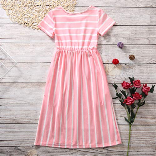 Cute Kids Girls Short Sleeve Stripe Dress Summer Casual Loose Dresses Holiday Long Maxi Dress With (Pink, 7-8 Years) #TOP2