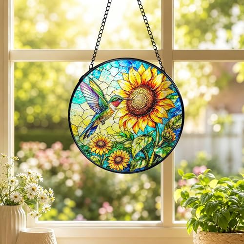 Dwept Hummingbird Sunflower Stained Glass Window Hanging Suncatcher, Cottagecore Bird Flower Sun Catchers Indoor Window Glass Wall Art Decorations for Home Garden, 7.9x7.9 Inch by Dwept - Used condition - Image 2