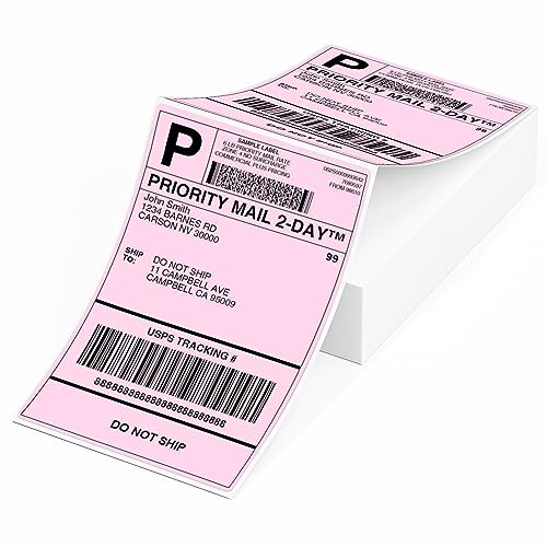 Image of Phomemo 4X6'' Thermal Shipping Labels - Pack of 100 4x6 Fan-Fold Labels for Shipping Labels, Address, Mail, Product Logo Labels, Commercial Grade, Pink