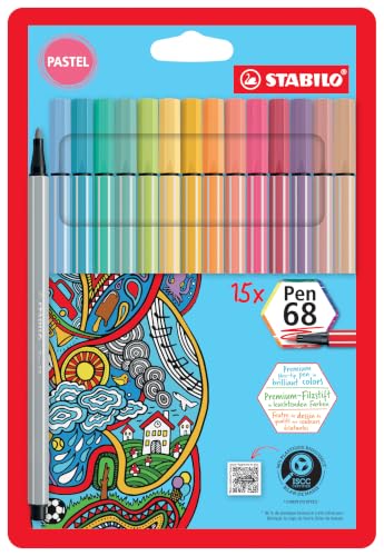 STABILO - Feutre de coloriage - Pen 68 - Etui carton x 15 feutres de coloriage pointe moyenne - coloris pastel asssortis - Edition Pastellove