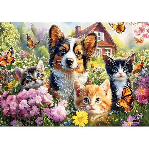 2000 Piece Puzzle for Adults – Adorable Kittens, Puppy & Butterflies in a Blooming Garden – Charming Nature Jigsaw Puzzle Gift for Pet Lovers, Families & Cat and Dog Fans – 39' x 28'
