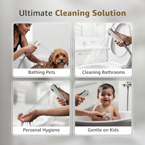 Image of Amazon Basics Health Faucet for Bathroom, White Coated ABS Plastic Body with 1 Meter Stainless Steel Flexible Hose Pipe and Wall Hook, White, Jet Spray for Toilet