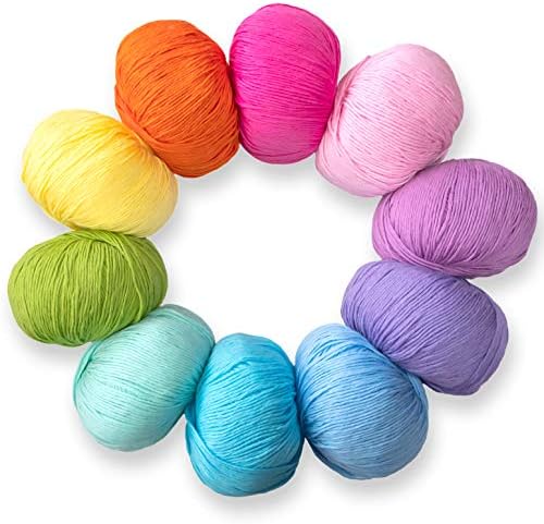 Studio Sam Pure Cotton Yarn Set for Knitting and Crochet. Pack of 10 Skeins, Total 1850 Yards. Great for Baby Blankets and Clothes. Boho Brights Collection.