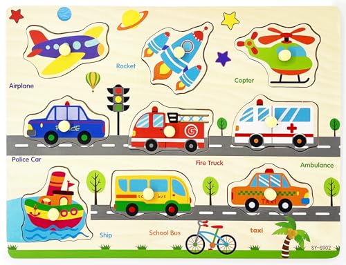 Wooden Puzzles Vehicles & Traffic Tools Chunky Baby Puzzles Peg Board for Preschool Educational Jigsaw Puzzles, 9 Pieces