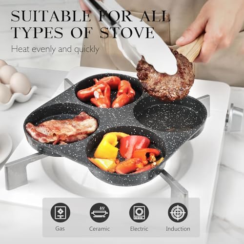 Image of GiPP Non Stick Egg Pan, 4-Cup Granite Omelette Pan Skillet for Breakfast, Pancake Pan with Heat-Resistant Handle, Compatible with All Stovetops, Easy to Clean, PFOA Free, Grey