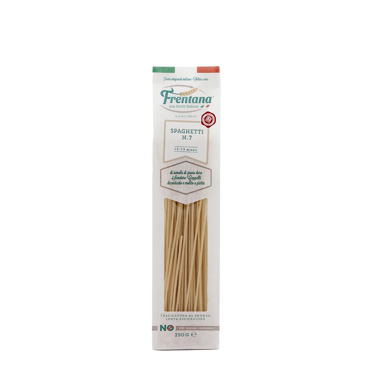 FRENTANA - Spaghetti n.7 di semola di grano duro Cappelli, trafilati al bronzo a lenta essiccazione, pasta italiana, lavorazione artigianale, pack da 24 x 250gr