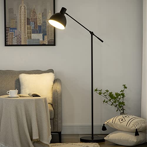HOMCOM Lampadaire sur pied salon, lampe sur pied 40 W, hauteur réglable, abat-jour et bras orientable, culot E27, lampadaire salon, chambre, bureau, Ø 30 x 131-155 cm, noir