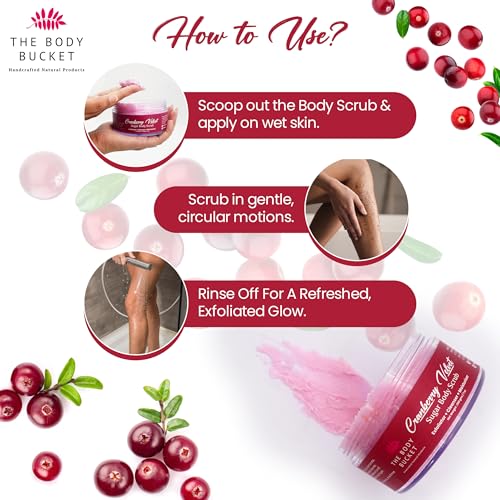 Image of The Body Bucket Cranberry Velvet Sugar Body Scrub- 200g | Included Free Bath Bomb | 3-in-1 Exfoliator, Cleanser, Moisturizer | De-Tan & Brightens Dark Areas| Smooths Strawberry Legs & Arms | Sulfate & Paraben Free
