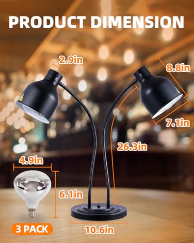 Food Heat Lamp: [3 Heating Bulb Included] [Steady Heating] Heat Lamp for Food, Commercial Food Warmer Lamp for Food Catering Food Warming Lamp for Buffet Parties (Black, 32\" H/2Head) - Thumbnail 7