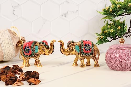 Image of Kalakriti Multicoloured Stone Studded Metal Trunk-up Elephant Showpiece for Good Luck (Vaastu) | Pack of 2 | Decorative Elephant Statue Idol for Home Decor for Prosperity and Luck