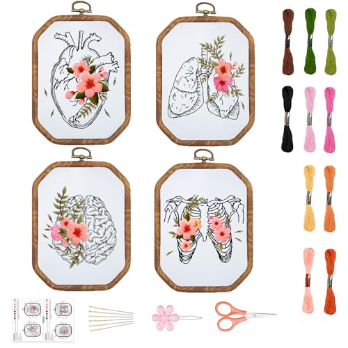 Image of ORIGACH 4 Set Embroidery Kit for Beginners Adults, DIY Human Organ with Flowers Embroidery Starter Kit with Stamped Patterns Instructions Embroidery Hoop Needles Threads for Crafting