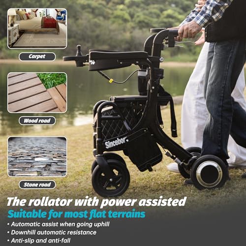 Sinceborn-Foldable-Rollator-Walker-with-Seat-Rolling-Walker-for-Seniors-3-in-1-Multi-Functional-Transport-WheelchairElectric-Driving-Scooter-with-Front-Controller-and-Rear-Controller-Hight-Style