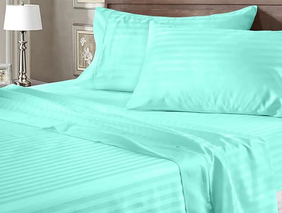 Image of YKC Glace Cotton Satin Striped Plain Color King Size Bedsheet for Double Bed with Two Pillow Covers (Aqua - 90 x 100 Inch)