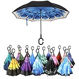 Double Layer Wind Proof,UV Proof Reverse Folding Inverted Umbrella Travel Umbrella with C Shape Handle and Carrying Bag-Blue FlowerII