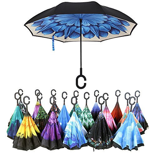 Double Layer Wind Proof,UV Proof Reverse Folding Inverted Umbrella Travel Umbrella with C Shape Handle and Carrying Bag-Blue FlowerII