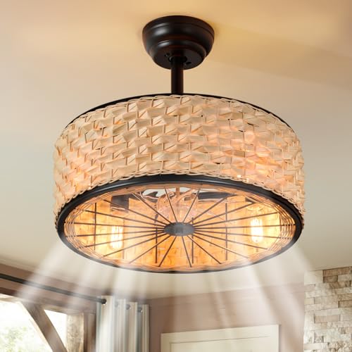 Image of hualuosi 19.7in Boho Ceiling Fan with Lights Bamboo Caged Fan Lighting Rattan Fandelier Wicker Ceiling Light with Fans for Bedroom Kitchen Island Nursery Dining Living Room, Remote 6 Speeds E26 Base