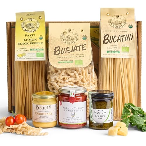 Mercato di Bellina Pasta and Sauce Trio Gourmet Food Gift Basket - 3 Organic Pastas With 3 Authentic Italian Sauces Made in Italy, Ideal Meal Kit Gift Baskets for Men, Women, & Families