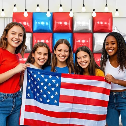Image of 37Pcs Veteran Day Patriotic Party Decorations,Red White and Blue Square Foil Balloons Wall Decorations with 18 inch American Flag Star Balloons for Veteran Day Party Supplies