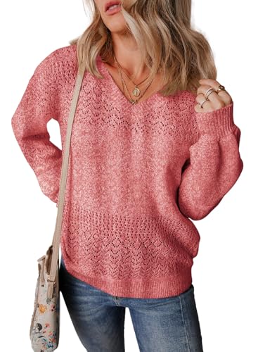 Image of SHEWIN Women's Sweaters Casual Long Sleeve V Neck Crewneck Lightweight Crochet Pullover Sweater Tops