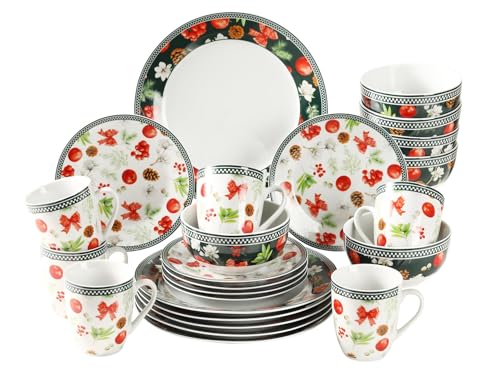 simpa 24PC Christmas Flora Orchard Ceramic Dinner Set. 6 Dinner Plates 6 Side Plates 6 Bowls & 6 Mugs. Dishwasher & Microwave Safe.