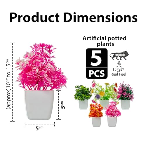 Image of JH Gallery Artificial Flower Pot - Home Decor, Indoor Plants for Home, Decorative Items for Office, Artificial Plants for Decoration, Plastic Flowers for Home Decor (Pack of 5)