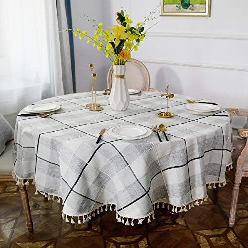 NEKKA Rectangle Tablecloth, Classic Embroidery Oblong Table Cover, Cotton Linen Tassel Desk Cover for Kitchen Dining Party, 86" x 55", Mixed Color
