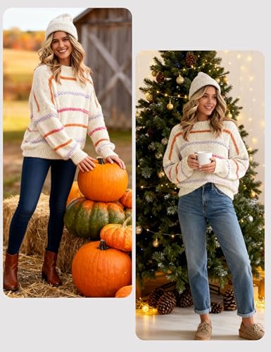 Image of QIBABU Womens Striped Sweaters Casual Lantern Sleeve Color Block Knit Pullover Sweater Tops
