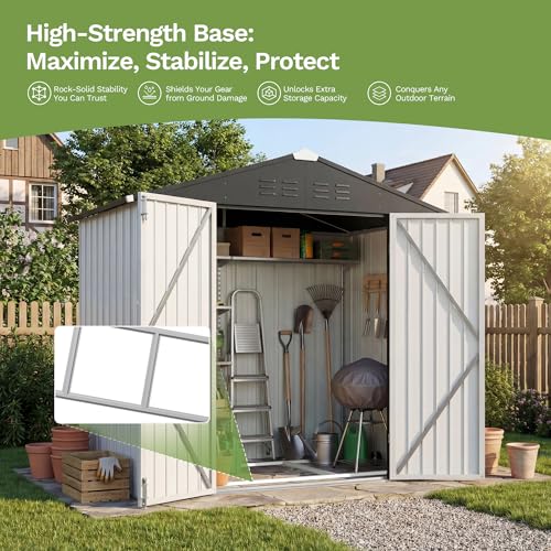 Image of Devoko 6 x 4 FT Storage Sheds with Floor Frame, Waterproof Garden Tool Shed with Lockable Door, Outdoor Metal Utility Shed for Backyard Patio Lawn, White