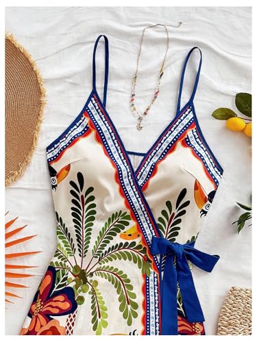 Women's Tropical Print Wrap V Neck Mini Dress Tie Waist Sleeveless Summer Vacation Boho Dresses3