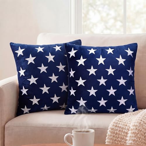 Breling 2 Pcs Patriotic 4th of July Throw Pillow Covers 18x18 American Flag Soft Embroidered Velvet USA Independence Memorial Day Cushion Case for Independence Day 250 Years Couch Sofa Home Decor