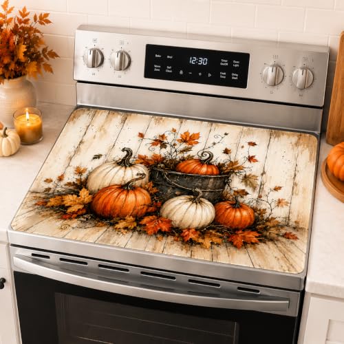 Image of Fall Pumpkin Stove Top Cover for Electric Stove 28 inchx 20 inch Wood Grain Background Heat Resistant Glass Top Stove Cover Protector, Glass Cooktop Covers, Kitchen Flat Stove Top Covers