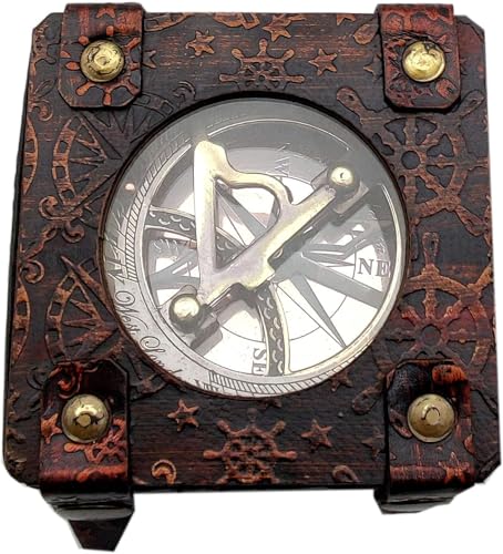 Compás de bolsillo de latón artesanal con reloj solar estilo steampunk y estuche de cuero, regalo pirata miniatura 2