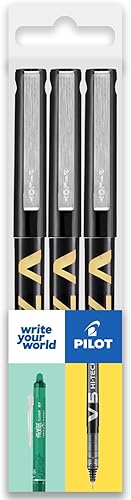 Pilot V7 Hi-Tecpoint - Bolígrafo de punta redonda (3 unidades), tinta líquida, punta mediana de 0.028 in, color negro