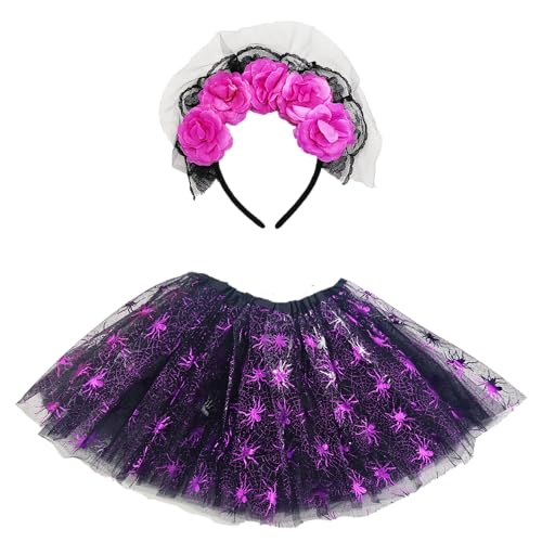 Disfraz Halloween Niña Mujer, Falda Tutu Bruja Catrina con Diadema Carina Velo (30cm Infantil, Modelo D Catrina Morado)