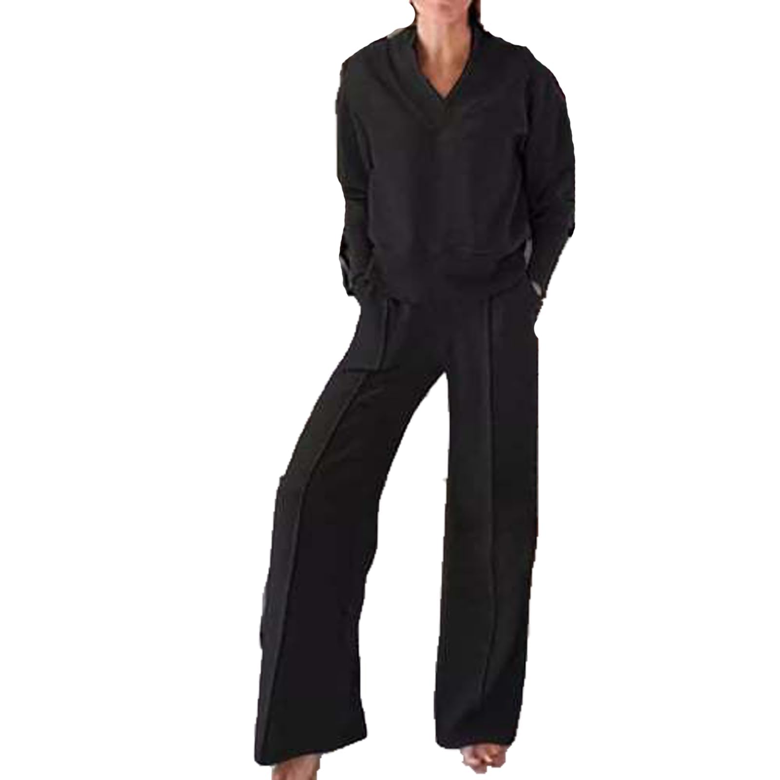 Conjunto de Dos Piezas de Top y pantalón con Escote en V de Color Liso para Mujer, Conjuntos Casuales de Mujer con Pantalones Largos de Pierna Ancha, Conjunto de salón de otoño (M,Black)