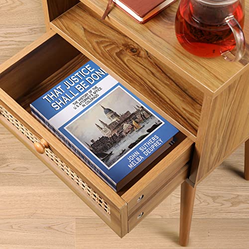 Rattan Nightstand Bedside Tables, Modern Wood Side Table Small End Table For Bedroom Living Room With Long Solid Wood Legs Drawer And Open Shelf #TOP5