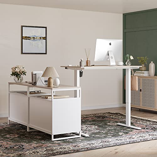 Fezibo 66 Inch Executive L Shaped Standing Desk With 2-Drawer File Cabinet, Electric Height Adjustable Stand Up Desk, Home Office Modern Computer Desk With Shelves, White Frame/Light Walnut Top #TOP6