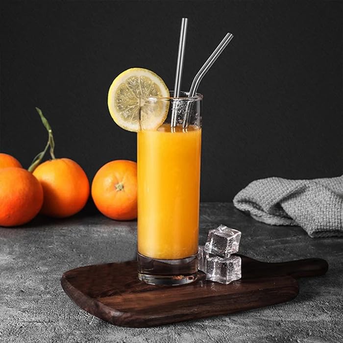 Image of Reusable Stainless Steel Straws Set - 5 Pieces (2 Bend Pipe, 2 Long, 1 Cleaning Brush) - Rainbow Metal Drinking Straws