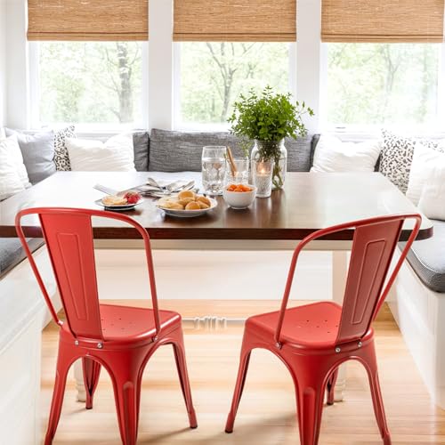 Image of Furmax Metal Dining Chair Indoor Outdoor Use Stackable Classic Trattoria Chair Chic Dining Bistro Cafe Side Metal Chairs Set of 4 (Cerise)