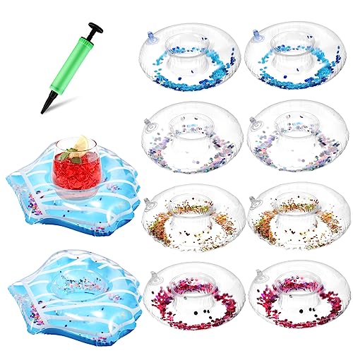 10pcs Cup Holder Wine Pool Floats Drink Floats Pool Drink Holder Inflatable Pool Coaster Holder Swimming Beverage Float Gold Sequins Floating Bottle Holder Shell Cocktail Glass PVC