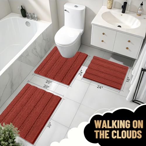 Image of OLANLY Thick Small Bathroom Rugs 24x16, Extra Absorbent Chenille Striped Bath Rugs, Rubber Backing, Machine Wash, Bath Mats for Bathroom, Tub and Shower, Home Decor Accessories, Rustic Terracotta