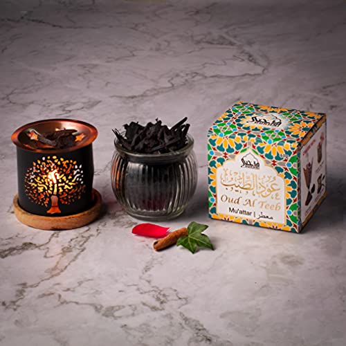 Dukhni Oud Al Teeb Muattar Bakhoor â€“ 40g of Authentic Arabic BAKHOOR Incense â€“ Wood Chips & Tree of Life Exotic BAKHOOR Burner. Perfect for Prayer, Namaaz, Ceremony, Meditation, Religion. Great Gift!