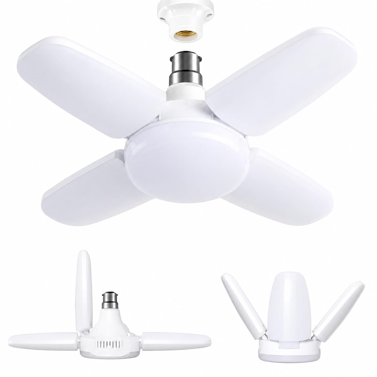foldable led ceiling light bulb with 4 adjustable blades, b22 | fan blade design, adjustable panels, b22 base fit, indoor lighting, easy in